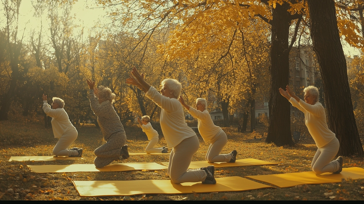 Пенсіонери займаються йогою на свіжому повітрі