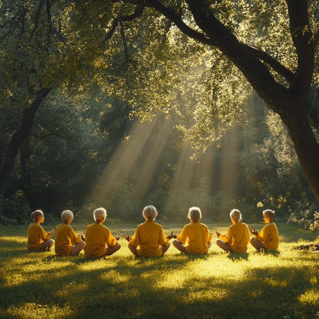 Пенсіонери практикують дихальні вправи на природі