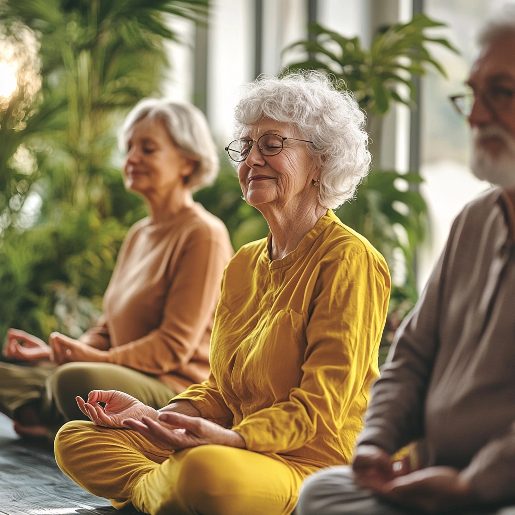 Літні люди медитують у групі